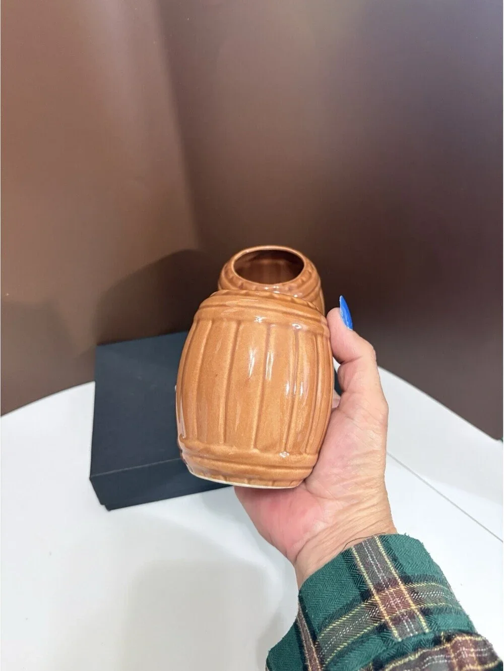 Vintage Orchids of Hawaii Brown Ceramic Rum Barrel Tiki Mugs Set of 2